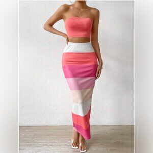 Color Block Slim Fit Tube Top And Elastic Waist Skirt